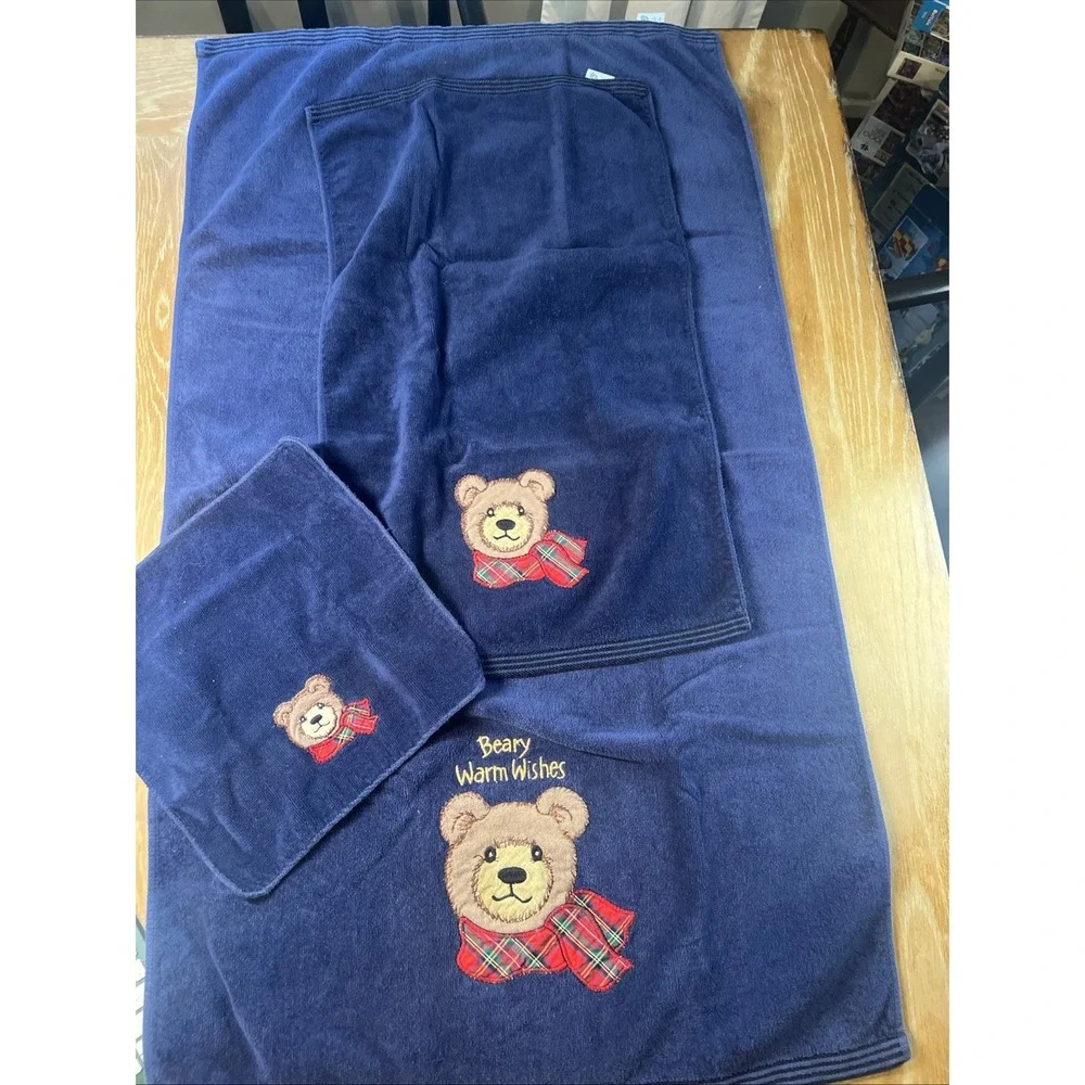 Vintage Christmas Bath Towel Set 3 Teddy Bear Tartan Plaid Beary Warm Wishes Blu